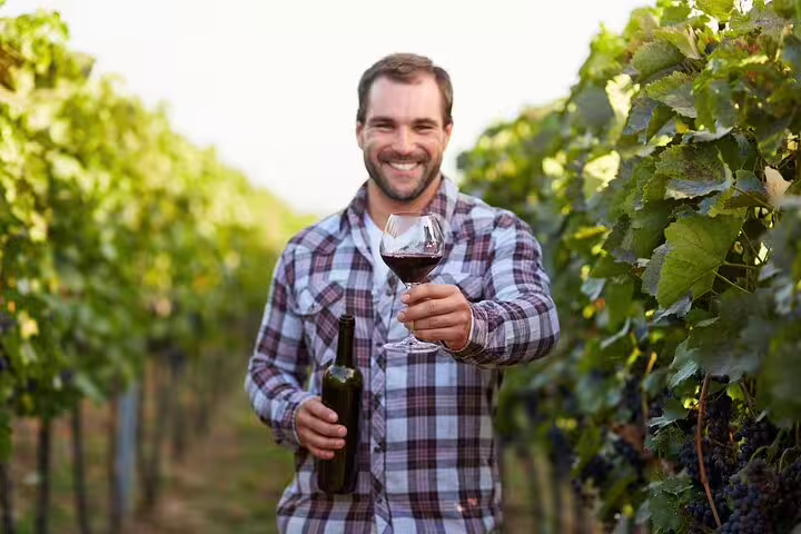 Man enjoying wine tasting in a picturesque Frascati vineyard during a private day trip with lunch included.