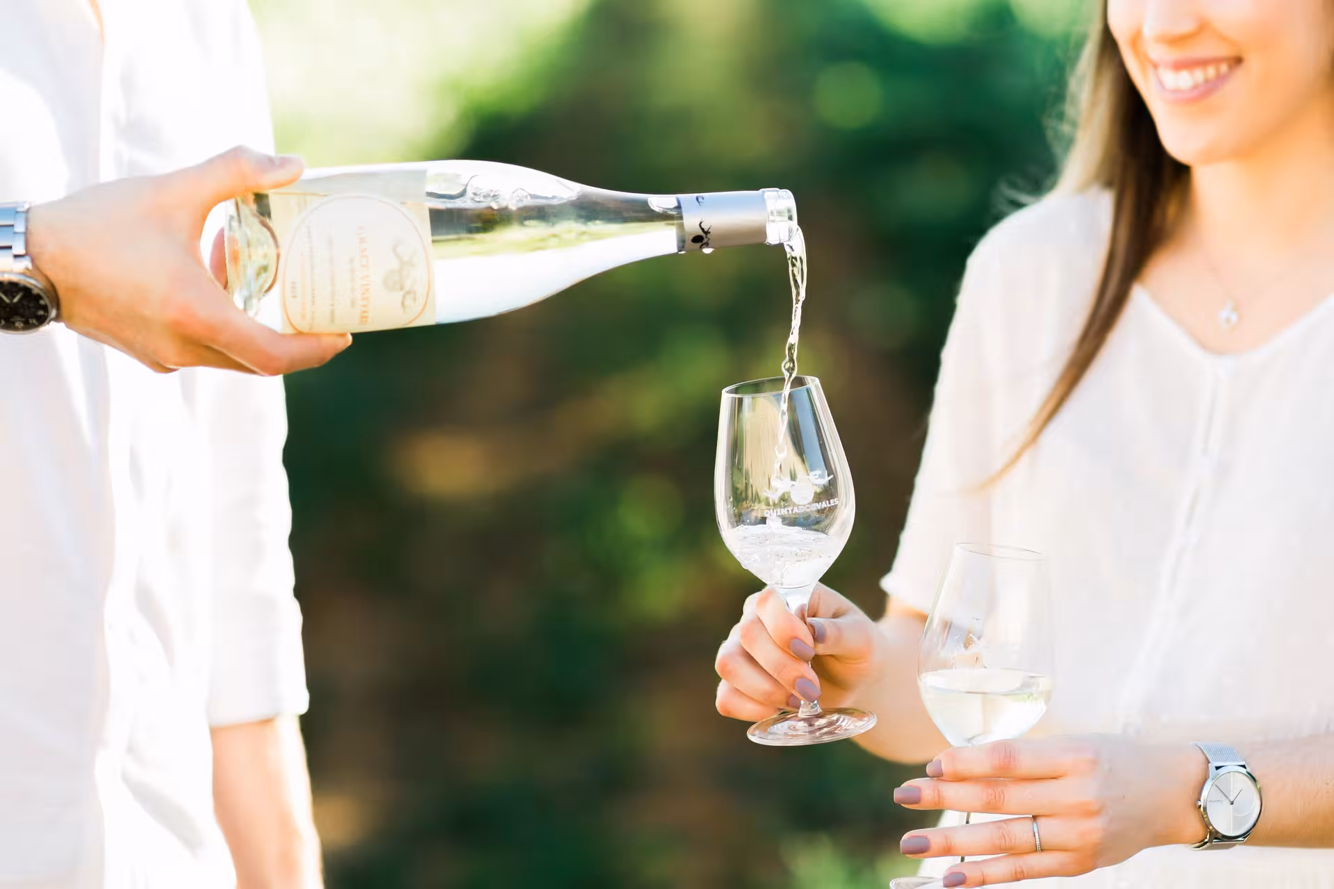 White wine being poured into a glass during a free-flow guided wine tasting tour open to all visitors