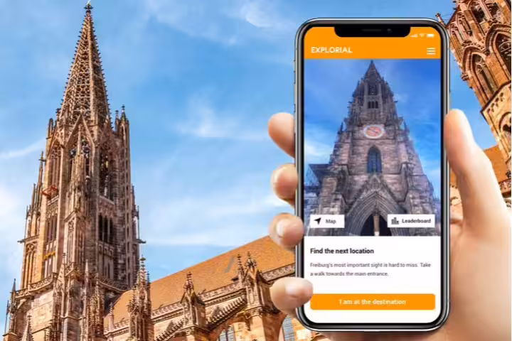 Smartphone app guiding visitors at Freiburg Minster on a self-guided scavenger hunt and sightseeing walking tour