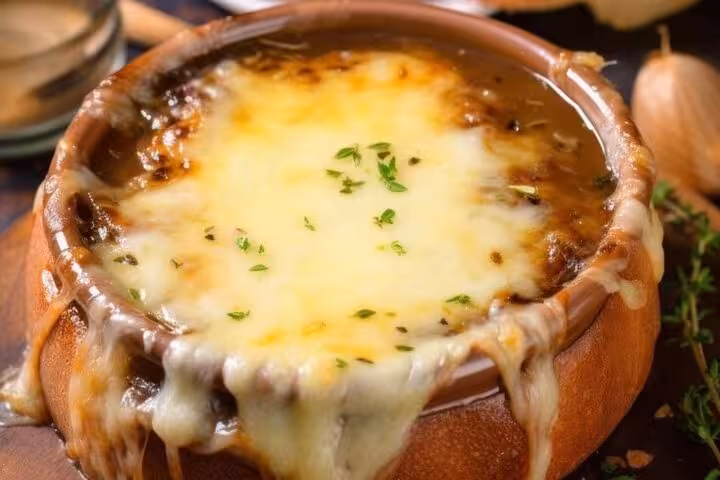 French onion soup with melted cheese, classic Paris dinner included on Montmartre cabaret show tour