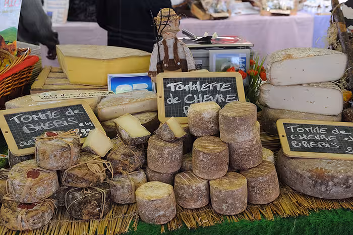 French cheese market stall displaying Tomme de Brebis and Tomette de Chèvre at Cannes Antibes Riviera