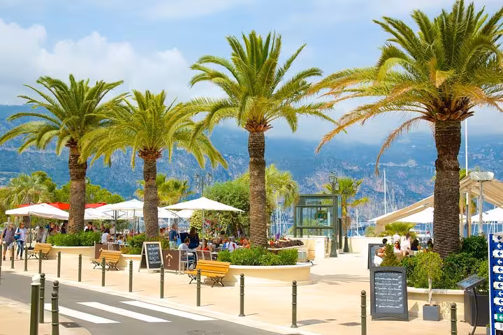 Scenic promenade with palm trees and cafes in the French Riviera, ideal for a private tour from Nice to Menton.