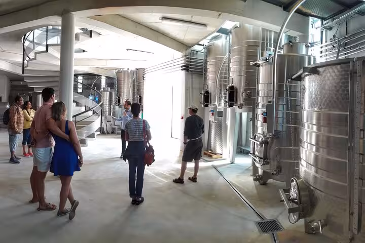 Tourists on guided tour of French Riviera winery with large stainless steel fermentation tanks