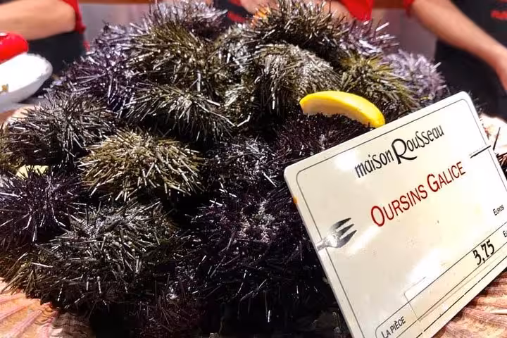 Display of fresh sea urchins tagged as 'Oursins Galice' at Les Halles Paul Bocuse market tour.