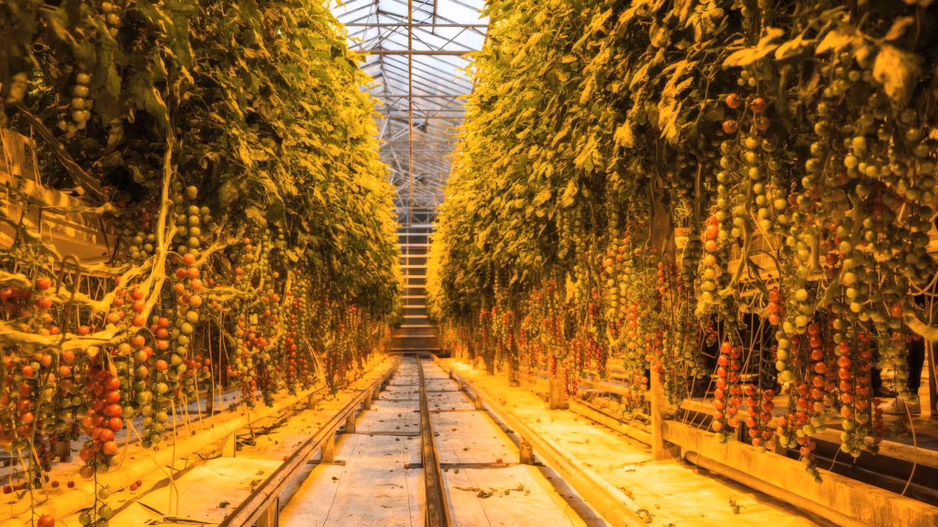 Rows of cherry tomato plants hanging from tall vines inside Fridheimar Farm greenhouse, Iceland