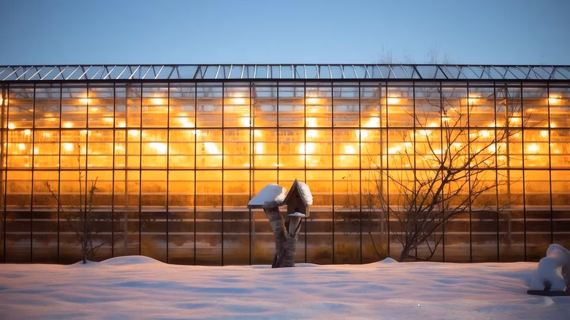 Fridheimar greenhouse glowing with warm lights in winter snow, Iceland
