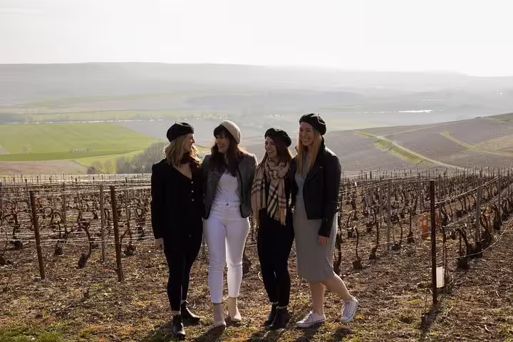 Friends pose among Champagne vineyards near Reims on a day trip from Paris with scenic countryside views