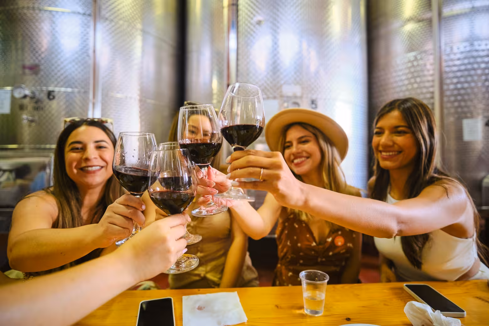 Group of friends toasting with red wine in a Florence winery, showcasing joyful moments of the tasting tour.