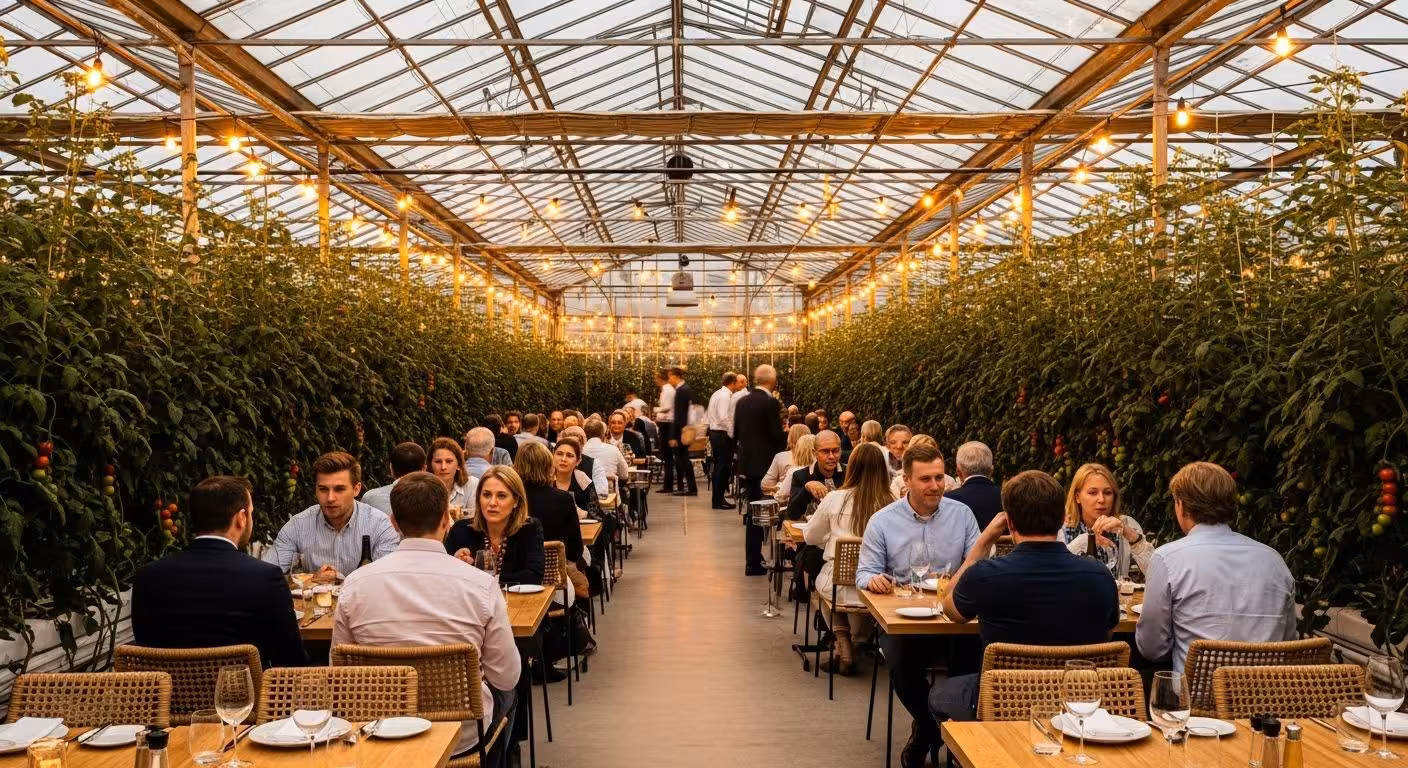 The interior of the Friðheimar Greenhouse, showing tables set for dining among rows of tall, thriving tomato plants, illuminated by lights.