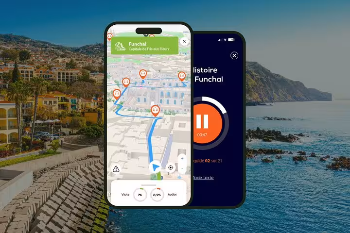 Funchal self-guided walking tour app showing interactive map with audio guide on smartphone screens