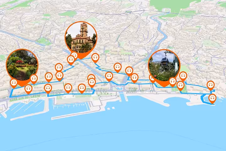 Interactive map of Funchal self-guided walking tour route with audio guide stops and landmark photos