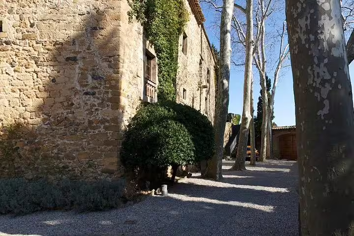Charming stone facade of Gala Castle surrounded by lush greenery and towering trees on a sunny day.