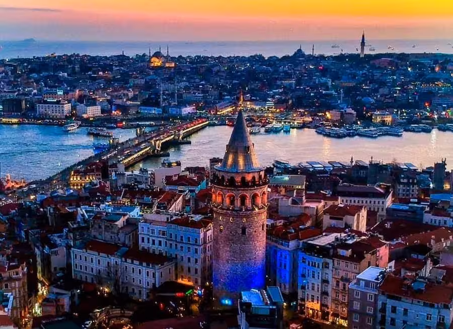 Galata Tower and Istanbul skyline at sunset over the Golden Horn, highlight of 5-day Istanbul Cappadocia tour