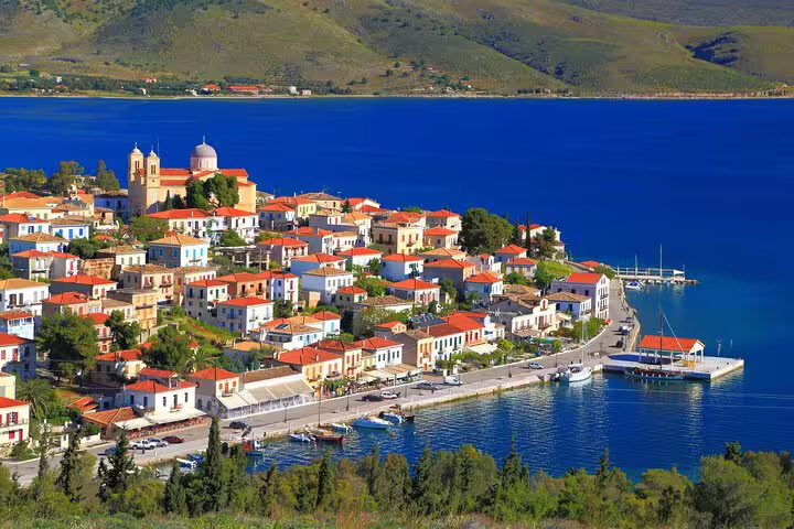 Panoramic Galaxidi seaside town and marina on Gulf of Corinth, highlight of Delphi Itea private day tour