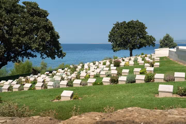 Seaside war cemetery at Gallipoli Peninsula with rows of headstones, visited on full-day Istanbul day trip tour
