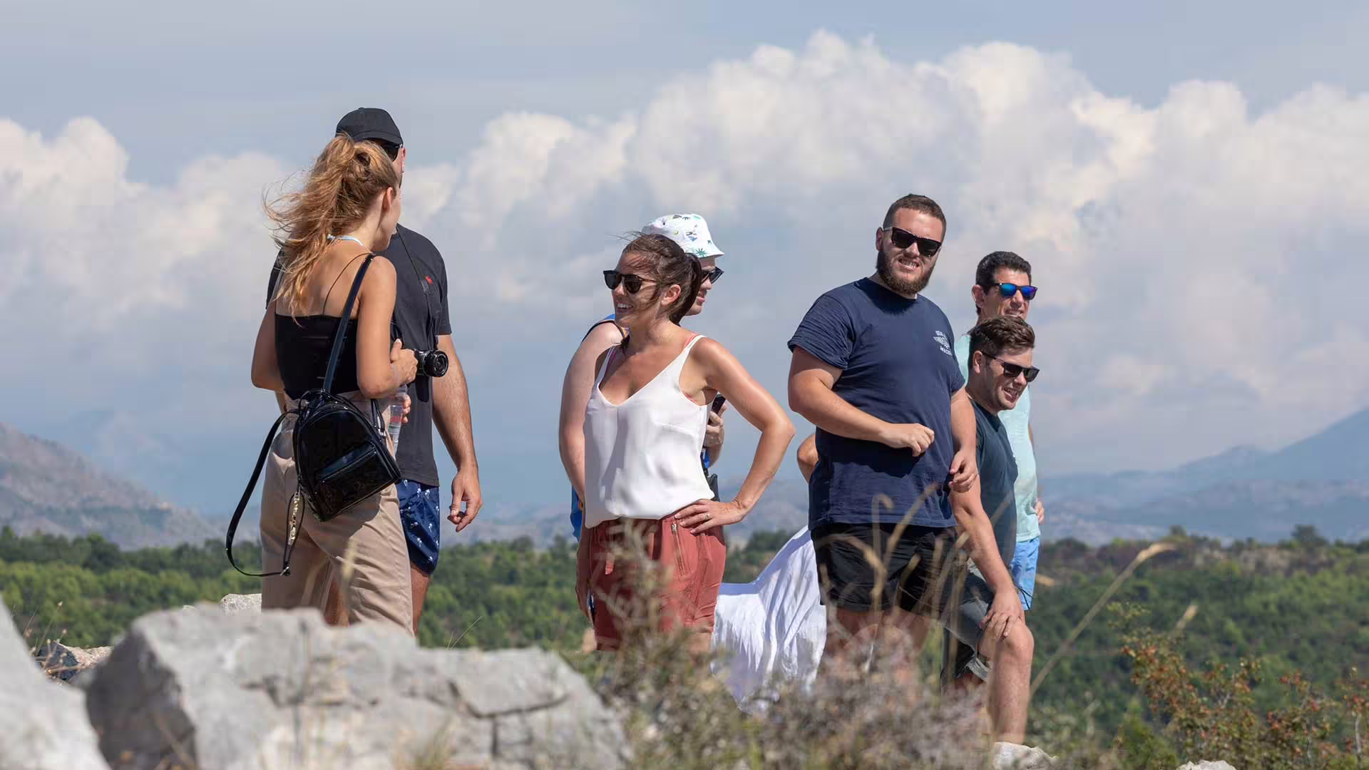 Group on History and Game of Thrones combo tour enjoying panoramic viewpoints above Dubrovnik countryside
