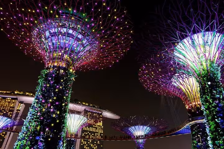 Supertree Grove light show at Gardens by the Bay Singapore, colorful night display with OCBC Skyway
