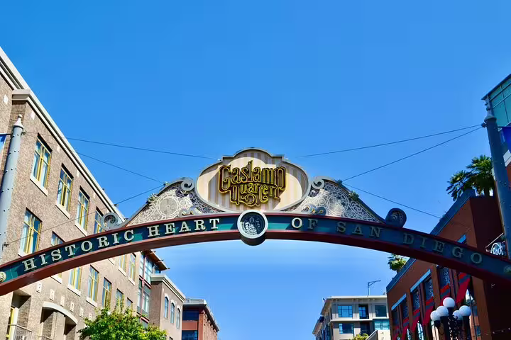Gaslamp Quarter arch sign reading Historic Heart of San Diego against blue sky