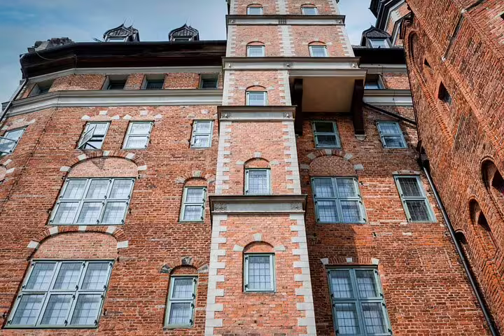 Brick facade of the Great Mill in Gdansk Old Town, clue stop on a self-guided scavenger hunt tour