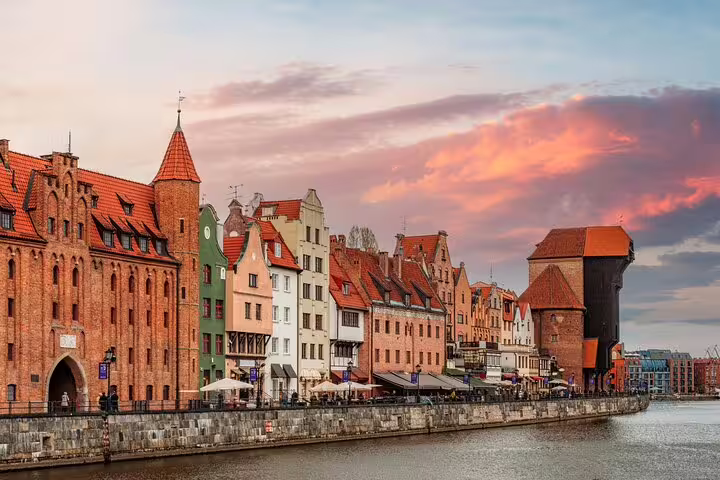 Motlawa River waterfront in Gdansk with colorful Old Town facades, ideal for a self-guided scavenger hunt