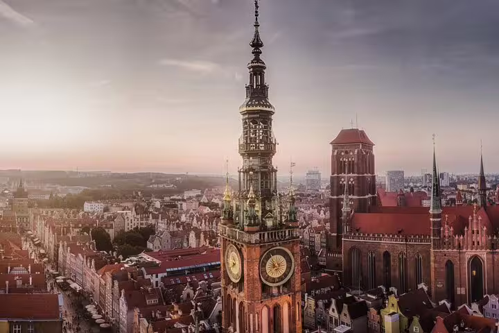 Aerial view of Gdansk Old Town with Town Hall clock tower, perfect for a self-guided scavenger hunt tour