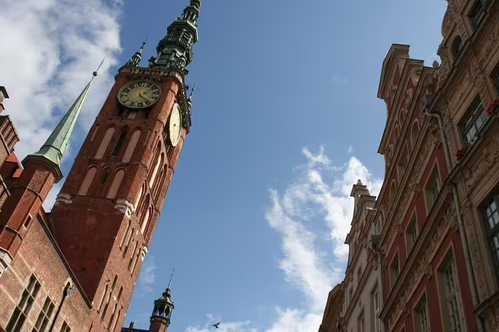 Gdansk Town Hall clock tower above Long Lane, landmark on a self-guided scavenger hunt highlights tour