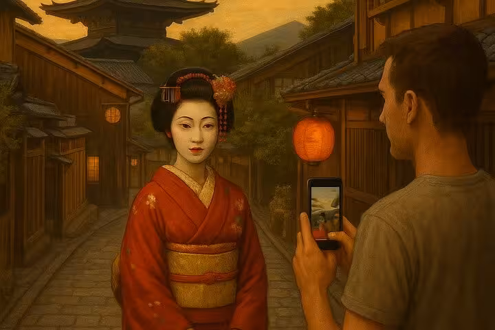 Tourist photographing a geisha in red kimono on a historic lantern-lit street in Kyoto