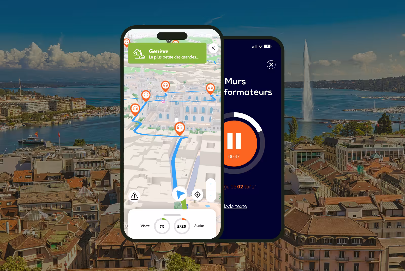 Geneva audioguide mobile application interface on smartphone with Lake Geneva in the background.