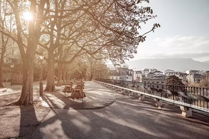 Sun-drenched Geneva promenade with bare trees, wooden benches, and city skyline in background