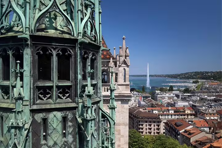 View from St Pierre Cathedral tower toward Jet d’Eau, highlight on Geneva self-guided scavenger hunt tour