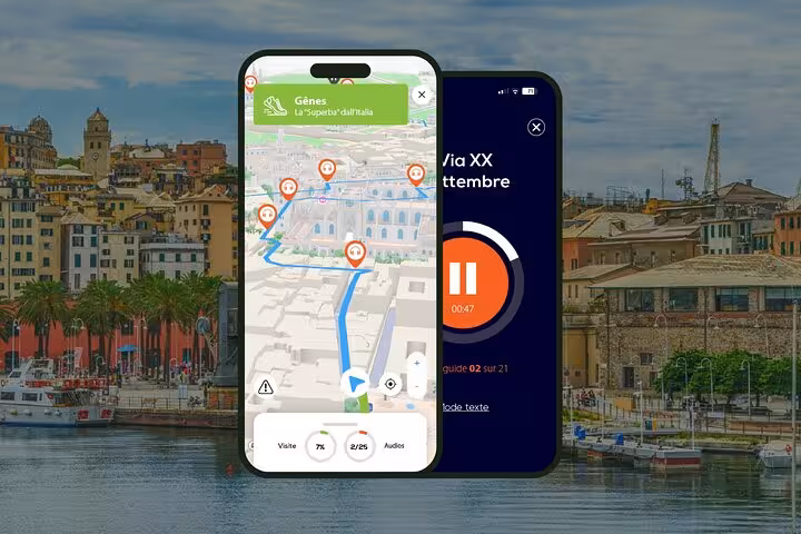 Genoa self-guided walking tour app showing GPS map with audio guide interface and harbor cityscape