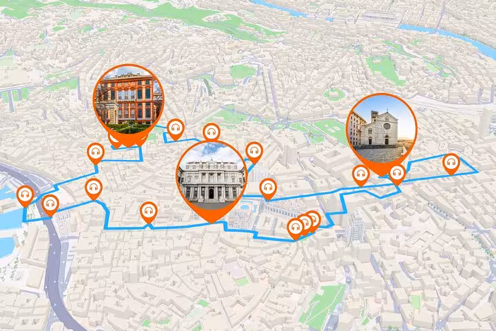 Interactive GPS map of Genoa walking tour route with audio guide stops highlighting Palazzo Reale and cathedral