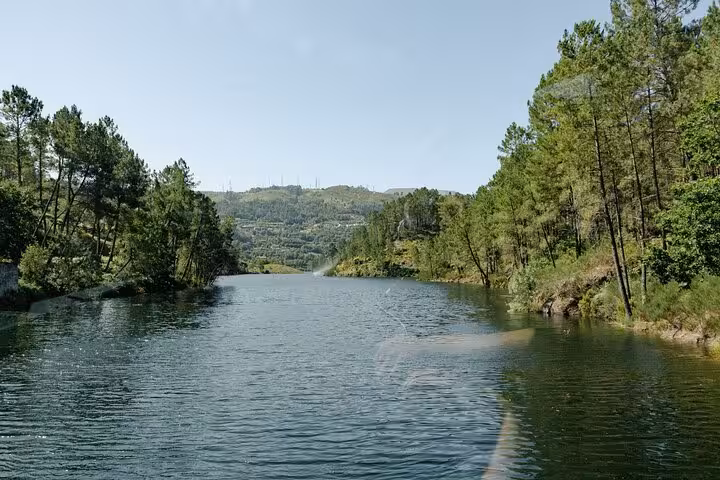 Scenic view of a tranquil lagoon surrounded by lush green forests in Geres National Park, perfect for nature walks.