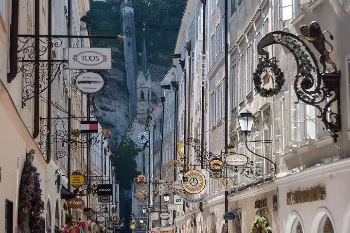 Getreidegasse shopping street in Salzburg Old Town on a private day trip from Vienna with guide