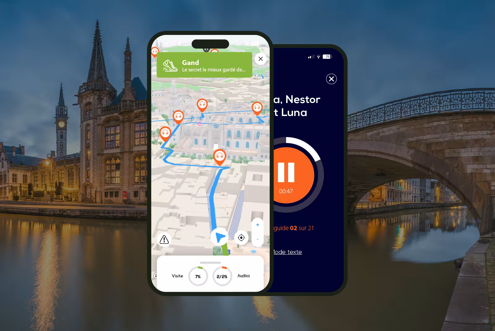 Ghent audioguide mobile application interface on smartphone with the quays (Graslei) in the background.