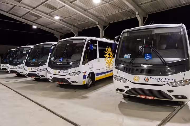 Fleet of Paraty Tours shuttle buses for exclusive GIG Airport transfers to Rio de Janeiro hotels in the South area.