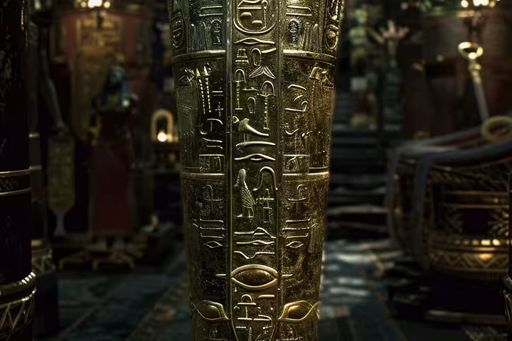 Close-up of gilded Egyptian sarcophagus with hieroglyphs, Grand Egyptian Museum Cairo tour highlight