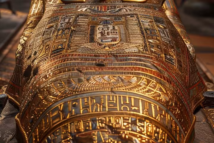 Close-up of gilded pharaoh sarcophagus with hieroglyphs at Grand Egyptian Museum Cairo, Egypt tour