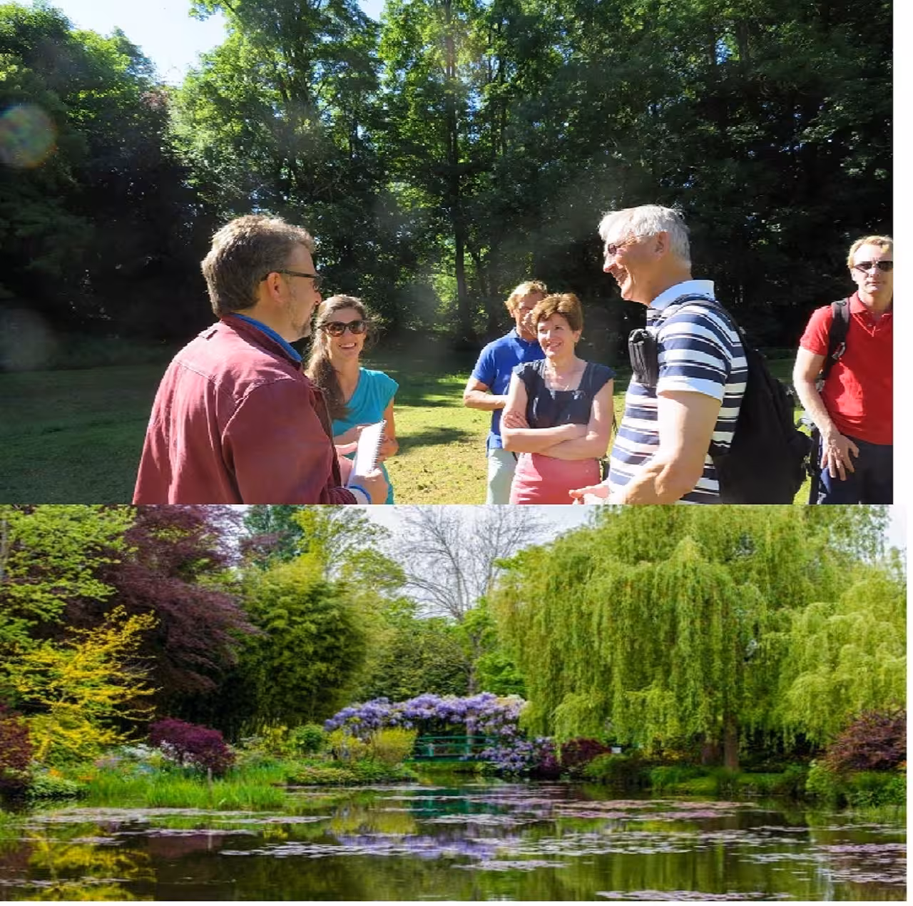 Tour group in sunny park gardens above Monet's iconic lily pond and Japanese bridge at Giverny