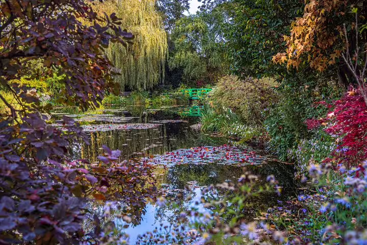 Monet's water lily pond with green Japanese bridge and weeping willow at Giverny gardens in autumn