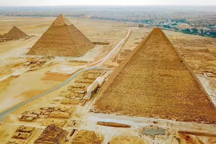 Aerial view of the Giza Pyramids plateau near Cairo, highlight of Port Said private day tour with museum visit