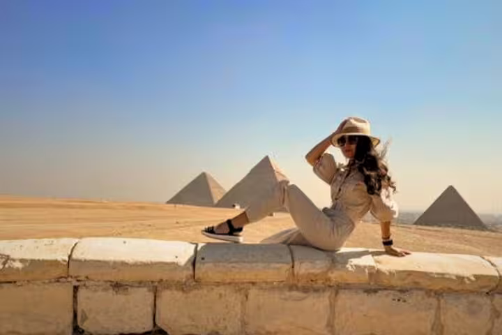 Traveler at Giza Pyramids viewpoint on Cairo day tour from Port Said, classic 2-day Egypt shore excursion