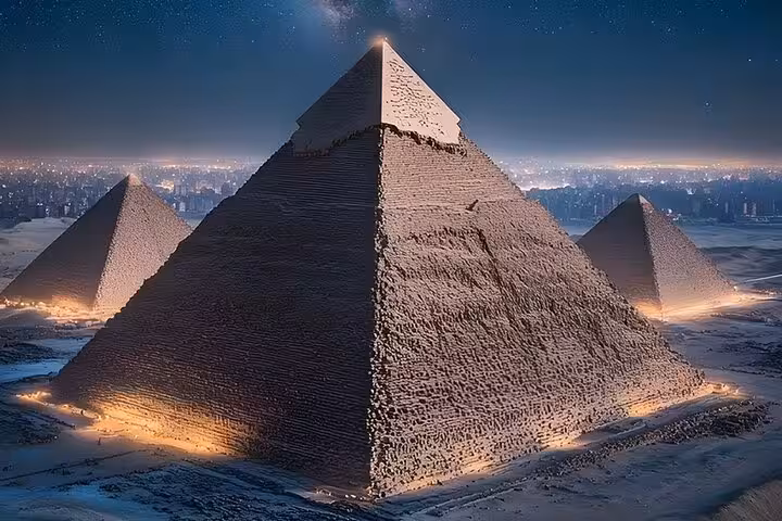 Night view of the Giza Pyramids illuminated near Cairo, a must-see on TourShare all-in VIP highlights tour