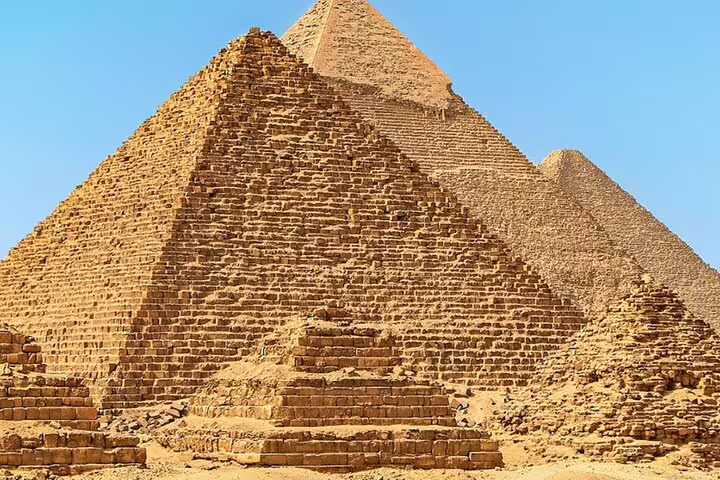 Close view of the Giza Pyramids in Cairo desert, iconic stop on private tour to Pyramids, Sphinx and museum