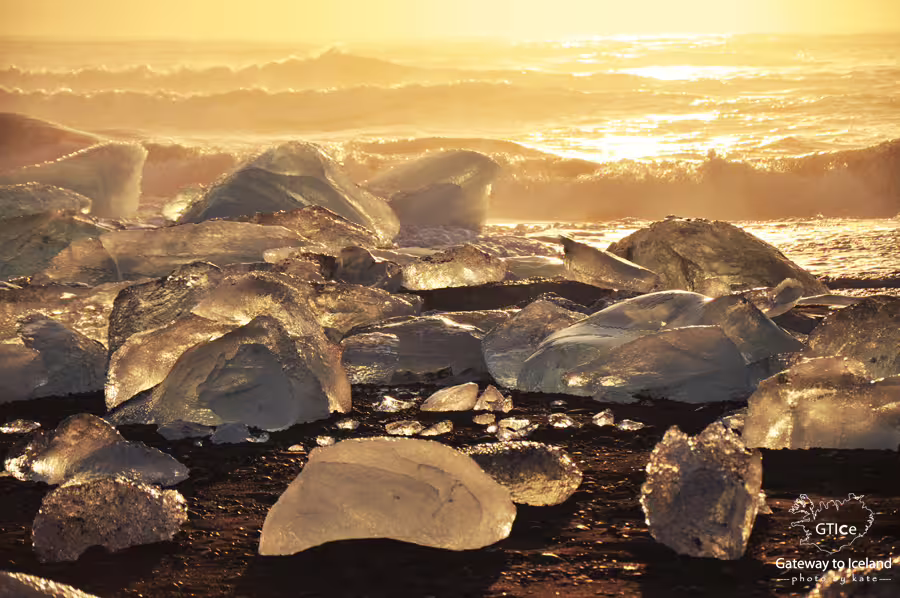 Ice chunks glistening on black sand beach at golden sunset near glacier lagoon in South Iceland