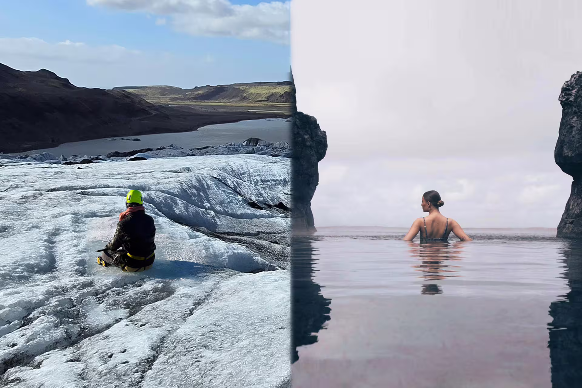 Composite image of a woman sitting on a glacier on one side and bathing in the Sky Lagoon on the other.