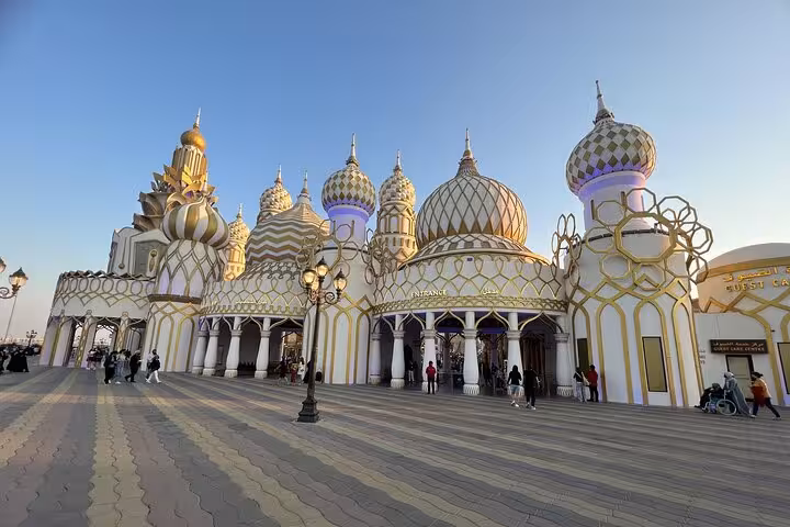 Global Village Dubai ornate domes and arches at sunset, included with Ras AlKhaimah Adventure Await pass