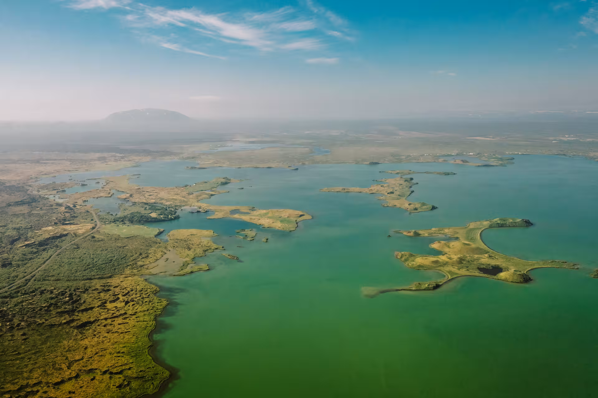 Aerial view of Lake Mývatn islands on a private Akureyri port tour to Goðafoss and Mývatn Baths