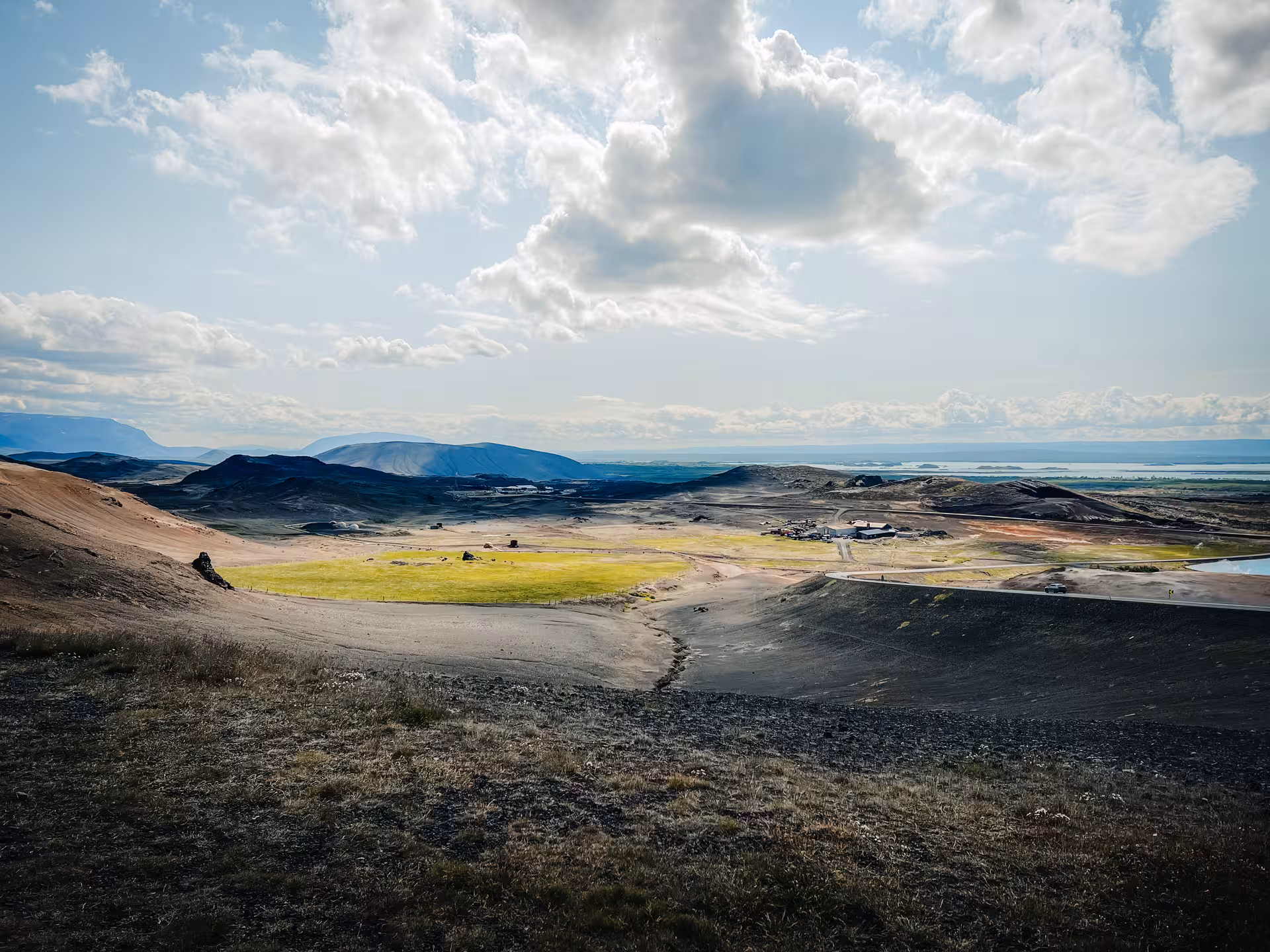 Panoramic view of volcanic landscapes around Lake Mývatn, a highlight on the Goðafoss day tour from Akureyri