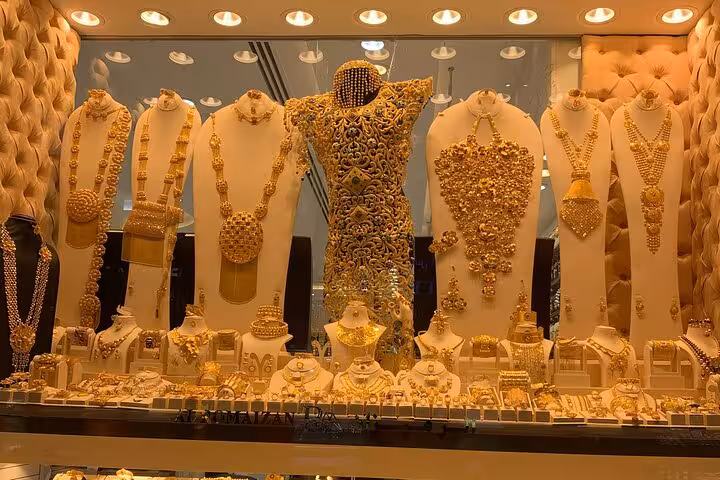 Gold Souk Dubai jewelry window display, popular shopping experience on multi day Dubai to Abu Dhabi tour